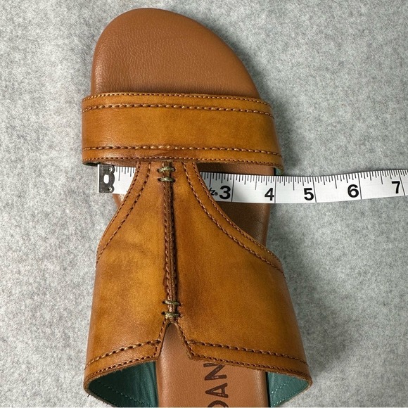 Roan Somerville Tan Leather Slide Sandals Womens 10 Flat Boho Teal Lining - Picture 11 of 12